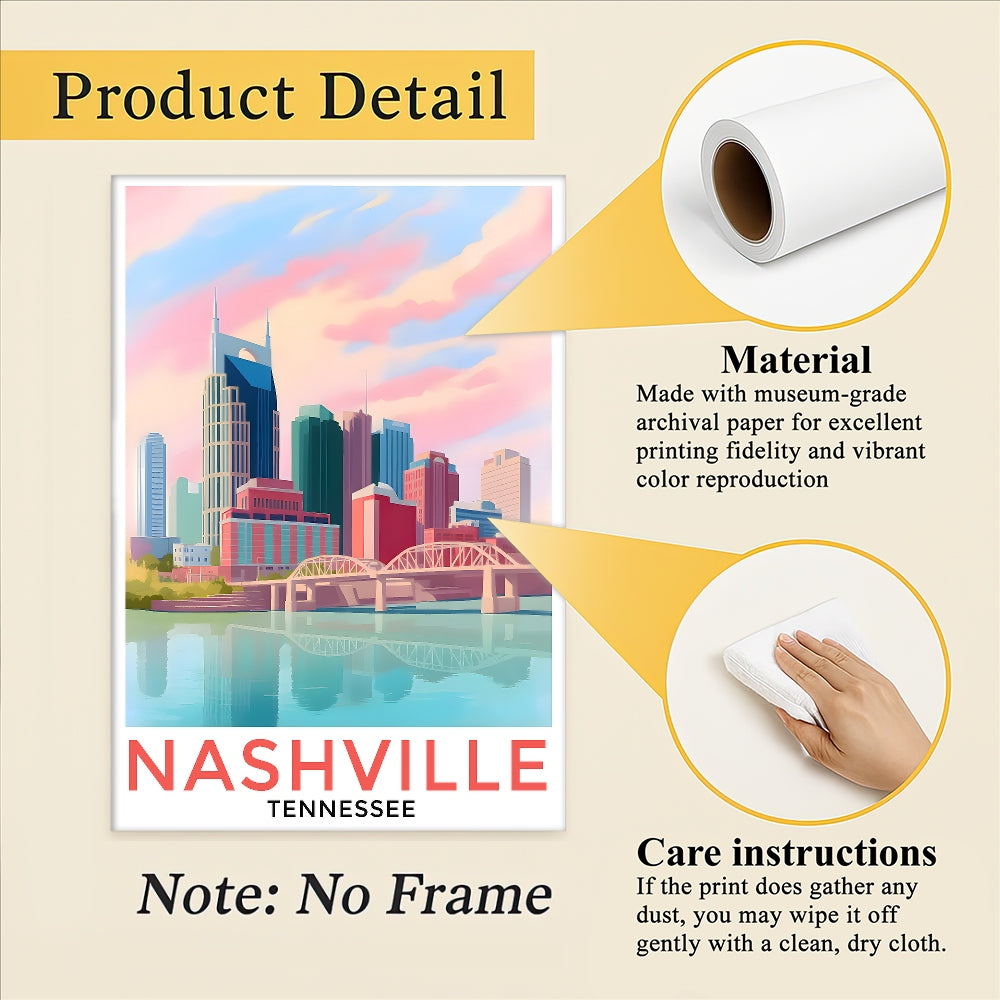 Nashville Travel Print Poster City Tennessee Souvenir Wall Art Landscape Painting Picture Suitable For Home Room Living Room Bedroom Aesthetic Decor Unframed | siriusteestore