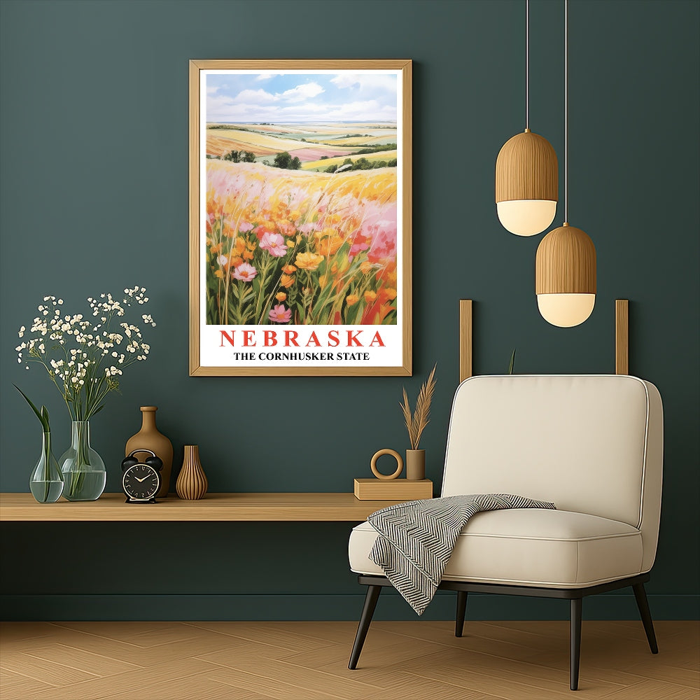 Nebraska Art Print Poster Rolling Hills Floral Fields Cornhusker State Travel Souvenir Wall Art Landscape Painting For Home Living Room Office Bedroom Decor Unframed | siriusteestore