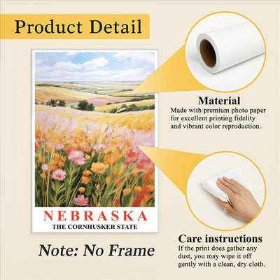 Nebraska Art Print Poster Rolling Hills Floral Fields Cornhusker State Travel Souvenir Wall Art Landscape Painting For Home Living Room Office Bedroom Decor Unframed | siriusteestore
