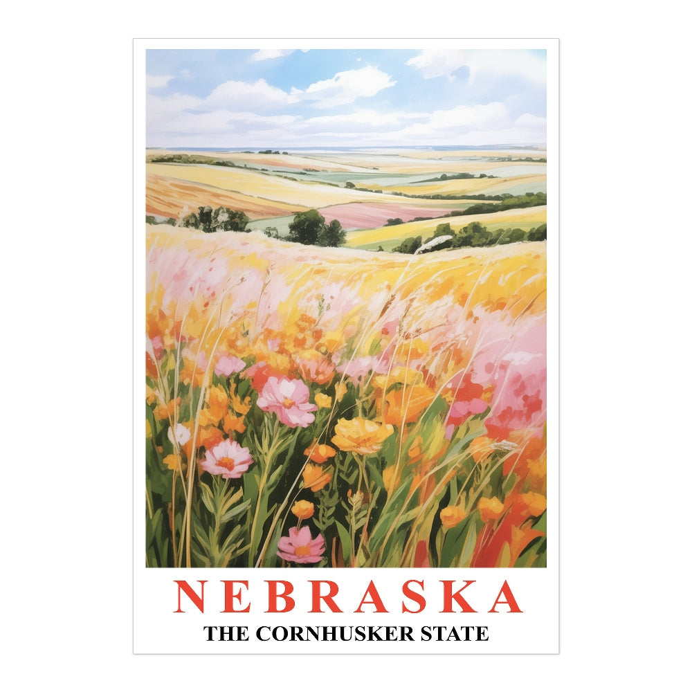 Nebraska Art Print Poster Rolling Hills Floral Fields Cornhusker State Travel Souvenir Wall Art Landscape Painting For Home Living Room Office Bedroom Decor Unframed | siriusteestore