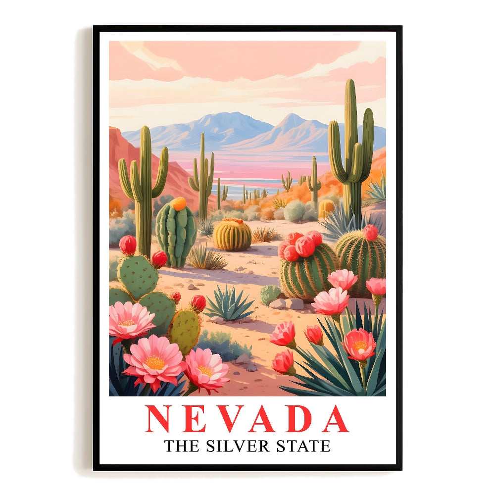 Nevada Print Travel Poster Desert Cactus Mountains Scenic State Souvenir Wall Art Landscape Painting Picture Ideal For Home Living Room Office Bedroom Decor Unframed | siriusteestore