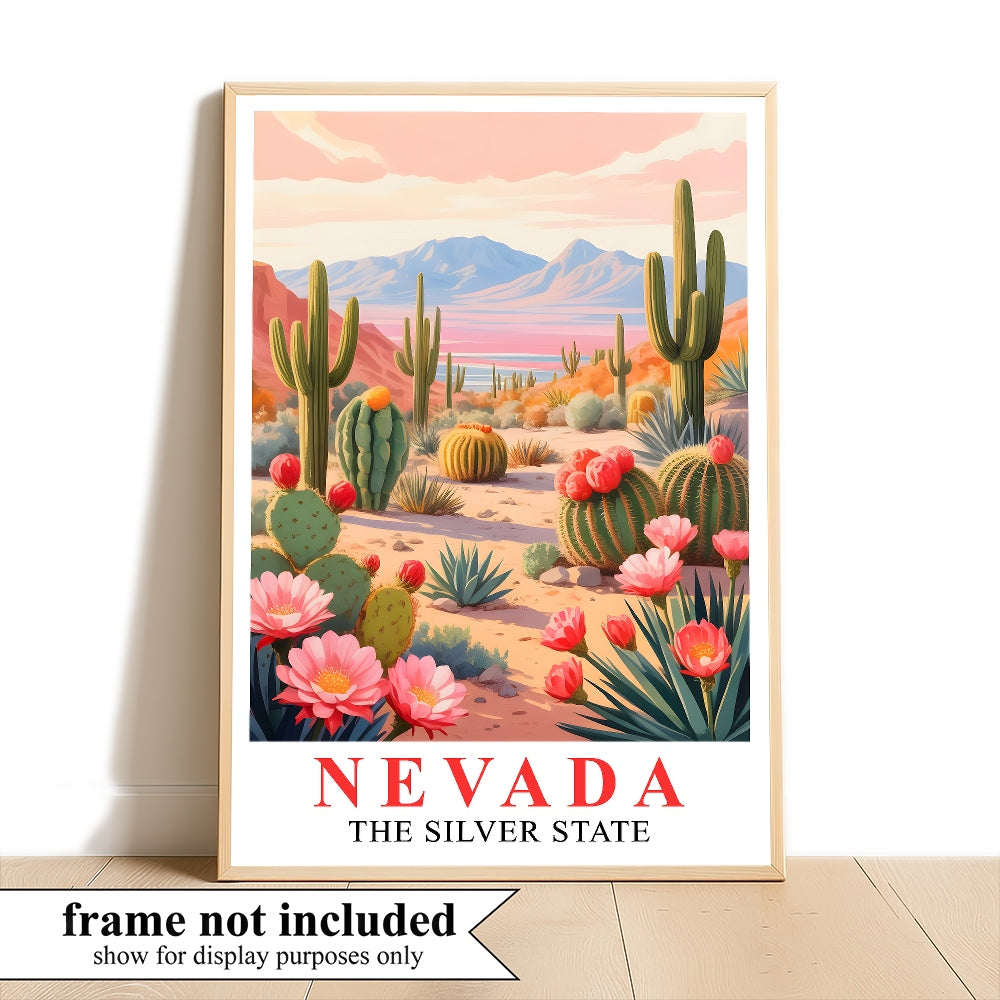 Nevada Print Travel Poster Desert Cactus Mountains Scenic State Souvenir Wall Art Landscape Painting Picture Ideal For Home Living Room Office Bedroom Decor Unframed | siriusteestore