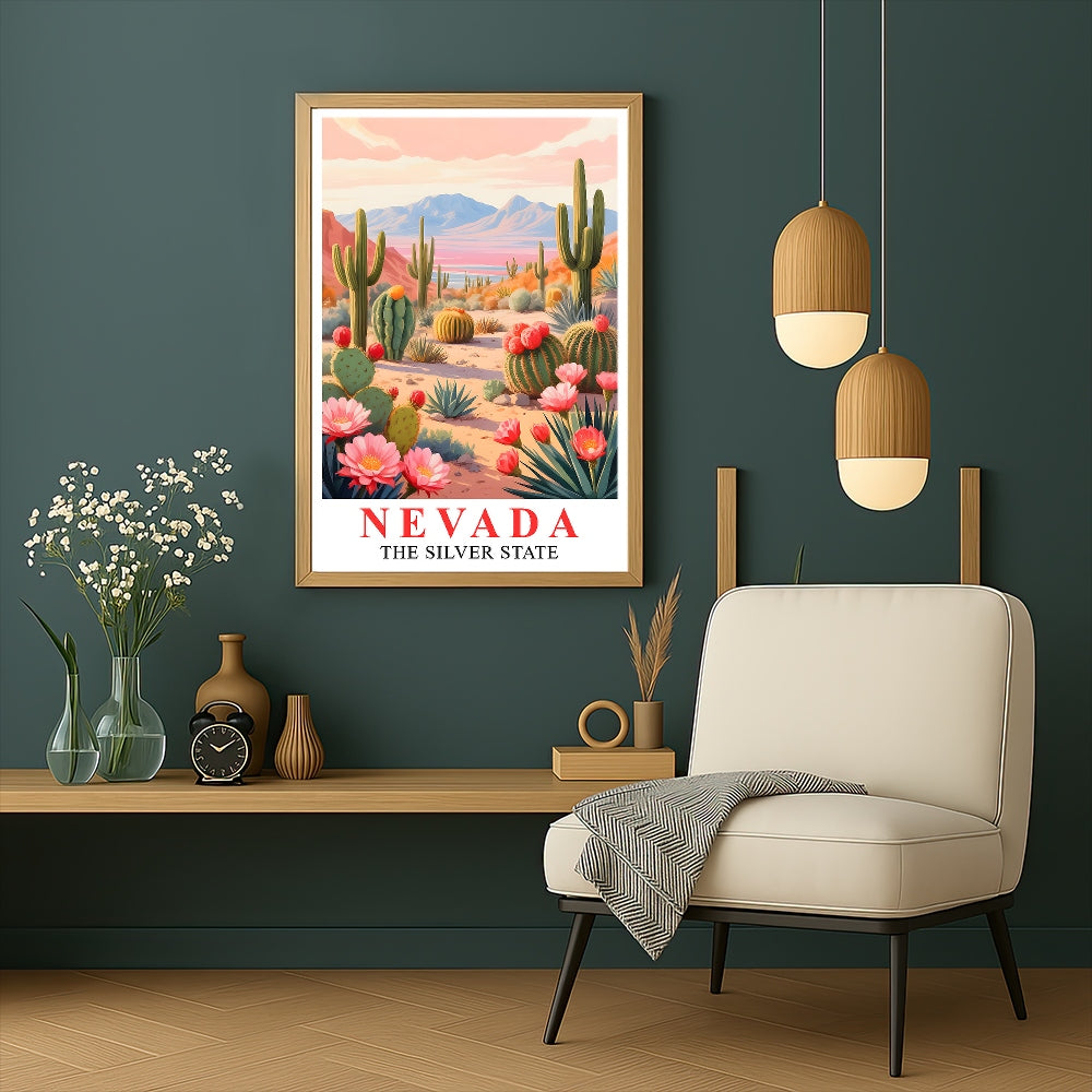 Nevada Print Travel Poster Desert Cactus Mountains Scenic State Souvenir Wall Art Landscape Painting Picture Ideal For Home Living Room Office Bedroom Decor Unframed | siriusteestore