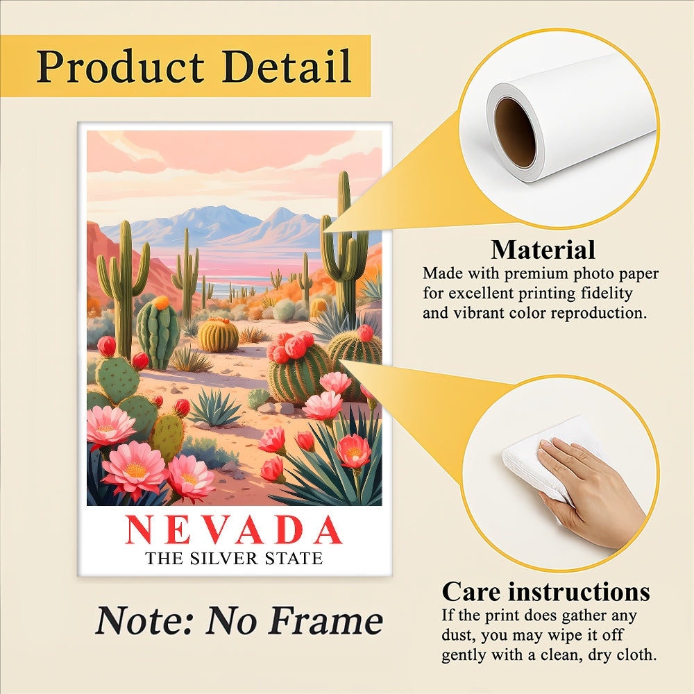 Nevada Print Travel Poster Desert Cactus Mountains Scenic State Souvenir Wall Art Landscape Painting Picture Ideal For Home Living Room Office Bedroom Decor Unframed | siriusteestore