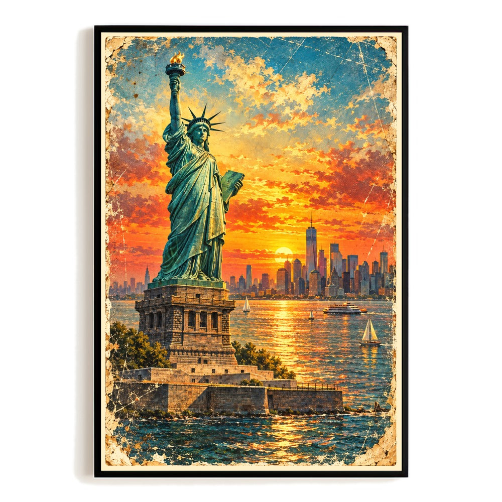 New York City Statue Of Liberty Sunset Travel Poster Vintage Manhattan Skyline Wall Art Print American Landmark Decor For Home Living Room Office Bedroom Gift Unframed | siriusteestore