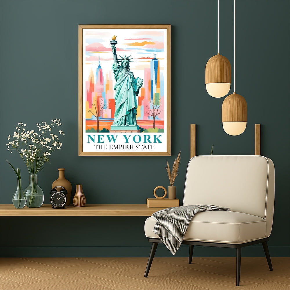 New York City Travel Print Poster Statue Of Liberty Empire State NY Souvenir Wall Art Landscape Painting Picture For Home Room Living Room Bedroom Decor Unframed | siriusteestore
