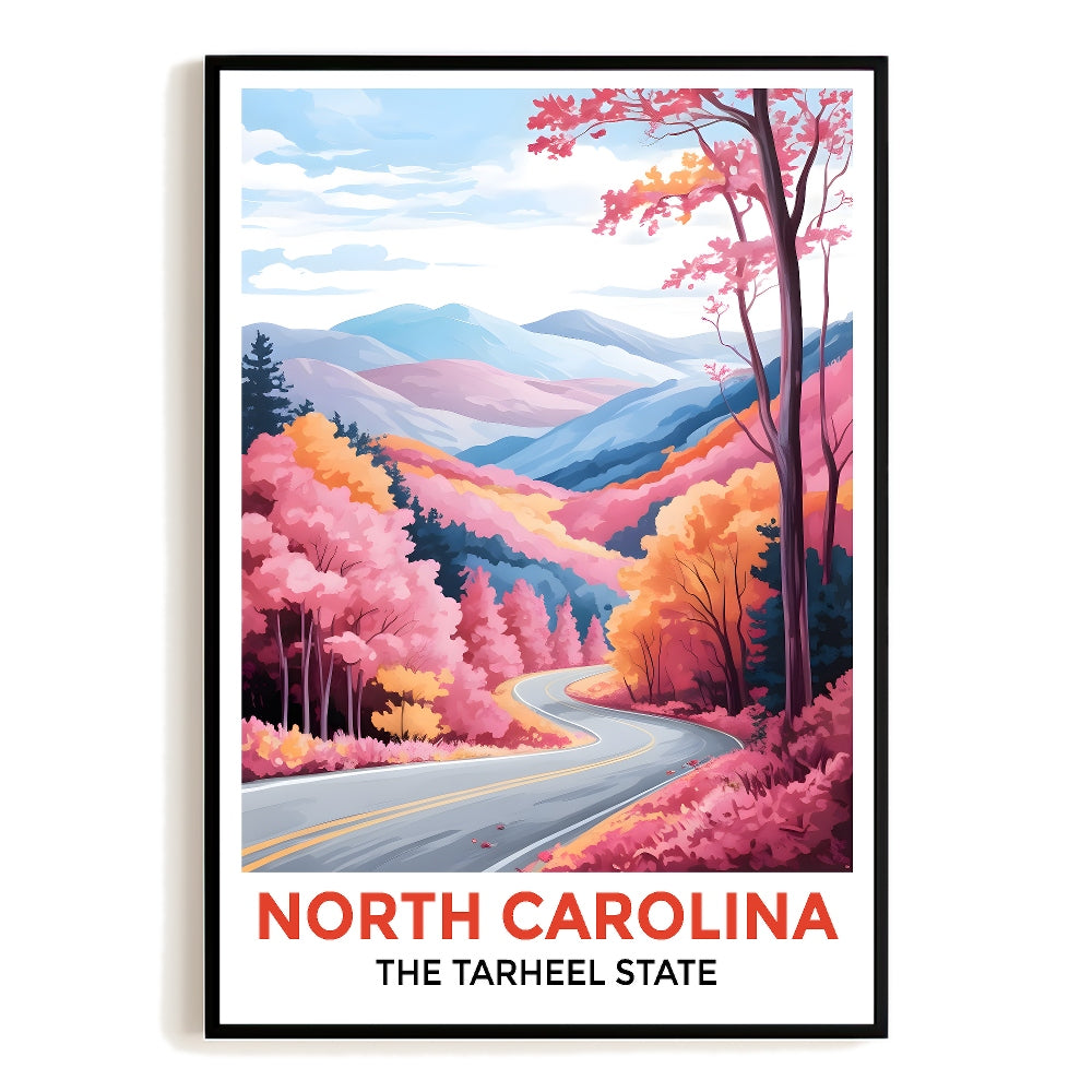 North Carolina Print Travel Poster Fall Colors Scenic Mountain Road Souvenir Wall Art Landscape Painting Picture For Home Room Living Room Office Bedroom Decor Unframed | siriusteestore