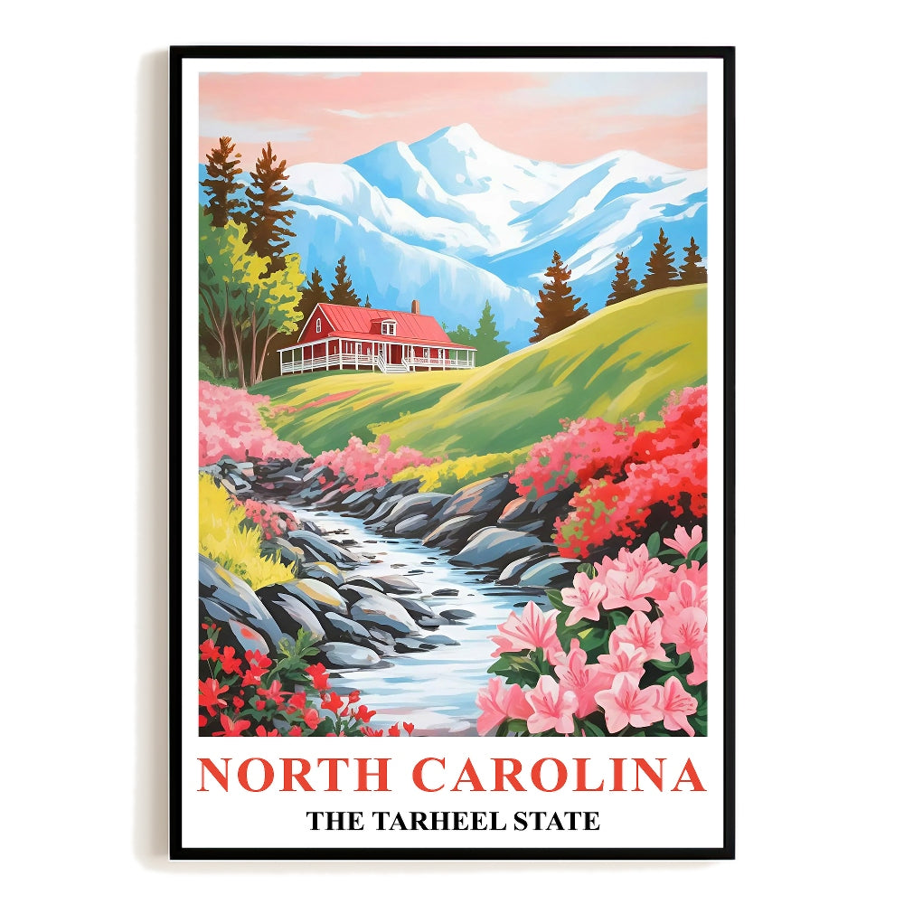 North Carolina Print Travel Poster Flowers Tarheel State Souvenir Wall Art Landscape Painting Picture Mountains For Home Room Living Room Office Bedroom Decor Unframed | siriusteestore