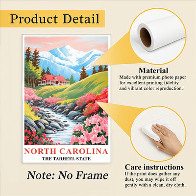 North Carolina Print Travel Poster Flowers Tarheel State Souvenir Wall Art Landscape Painting Picture Mountains For Home Room Living Room Office Bedroom Decor Unframed | siriusteestore