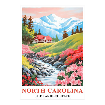 North Carolina Print Travel Poster Flowers Tarheel State Souvenir Wall Art Landscape Painting Picture Mountains For Home Room Living Room Office Bedroom Decor Unframed | siriusteestore