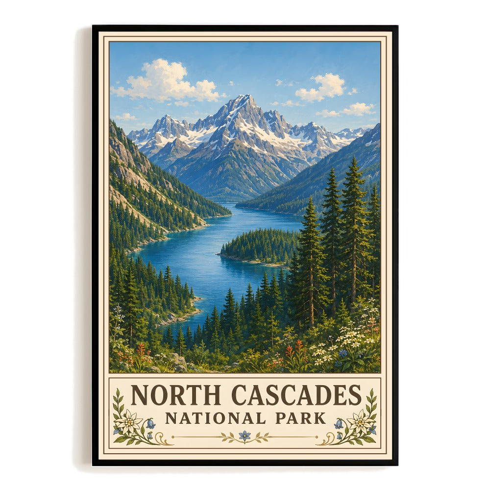 North Cascades National Park Vintage Poster Mountain Lake Forest Wall Art Nature Landscape Print For Cabin Home Living Room Bedroom Decor Souvenir Gift Unframed | siriusteestore