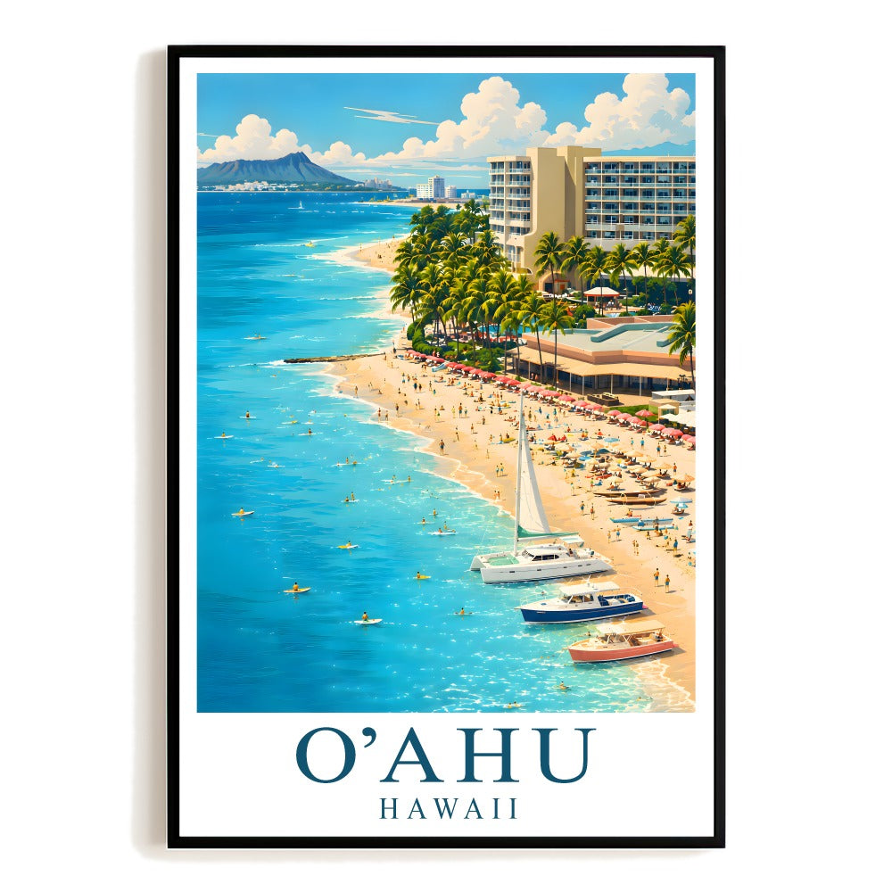 Oahu Hawaii Travel Poster Vintage Beach Scene Souvenir Wall Art Landscape Print Painting Picture For Home Living Room Office Bedroom Decor Unframed | siriusteestore