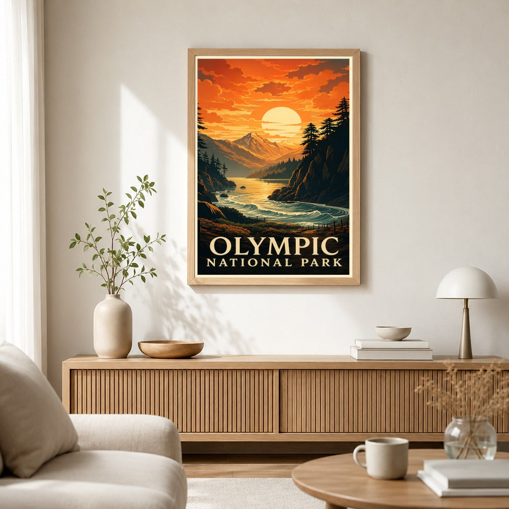 Olympic Mountains Sunset Travel Poster Pacific Northwest Wilderness Souvenir Gift Landscape Wall Art Decor For Home Living Room Office Bedroom Kitchen Unframed | siriusteestore