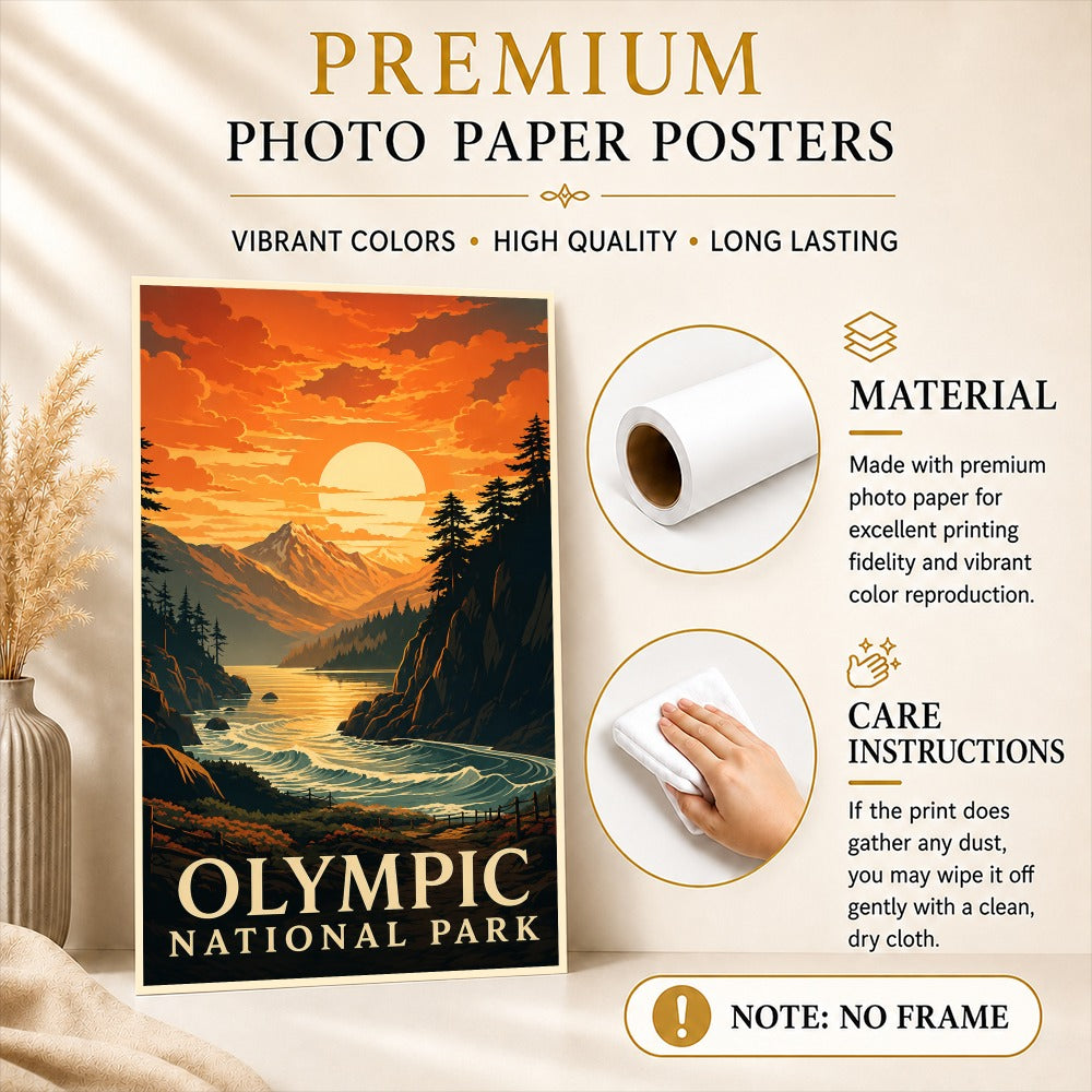 Olympic Mountains Sunset Travel Poster Pacific Northwest Wilderness Souvenir Gift Landscape Wall Art Decor For Home Living Room Office Bedroom Kitchen Unframed | siriusteestore