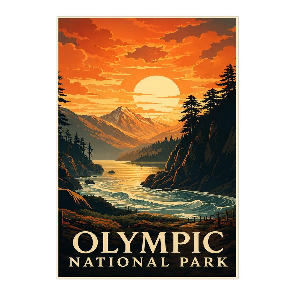 Olympic Mountains Sunset Travel Poster Pacific Northwest Wilderness Souvenir Gift Landscape Wall Art Decor For Home Living Room Office Bedroom Kitchen Unframed | siriusteestore