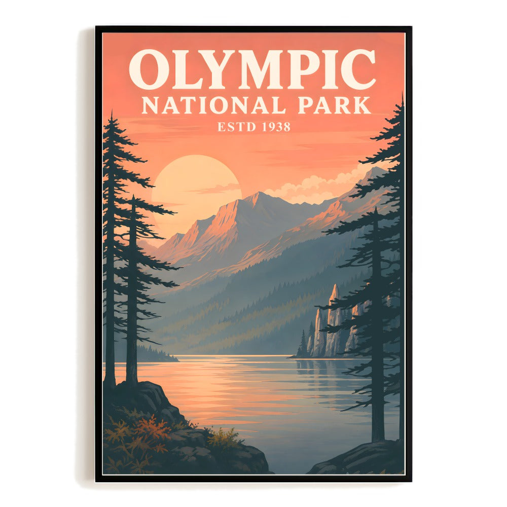Olympic National Park Vintage Travel Poster Gift Sunset Mountain Lake Landscape Painting Wall Art Decor For Home Living Room Office Bedroom Souvenir Unframed | siriusteestore