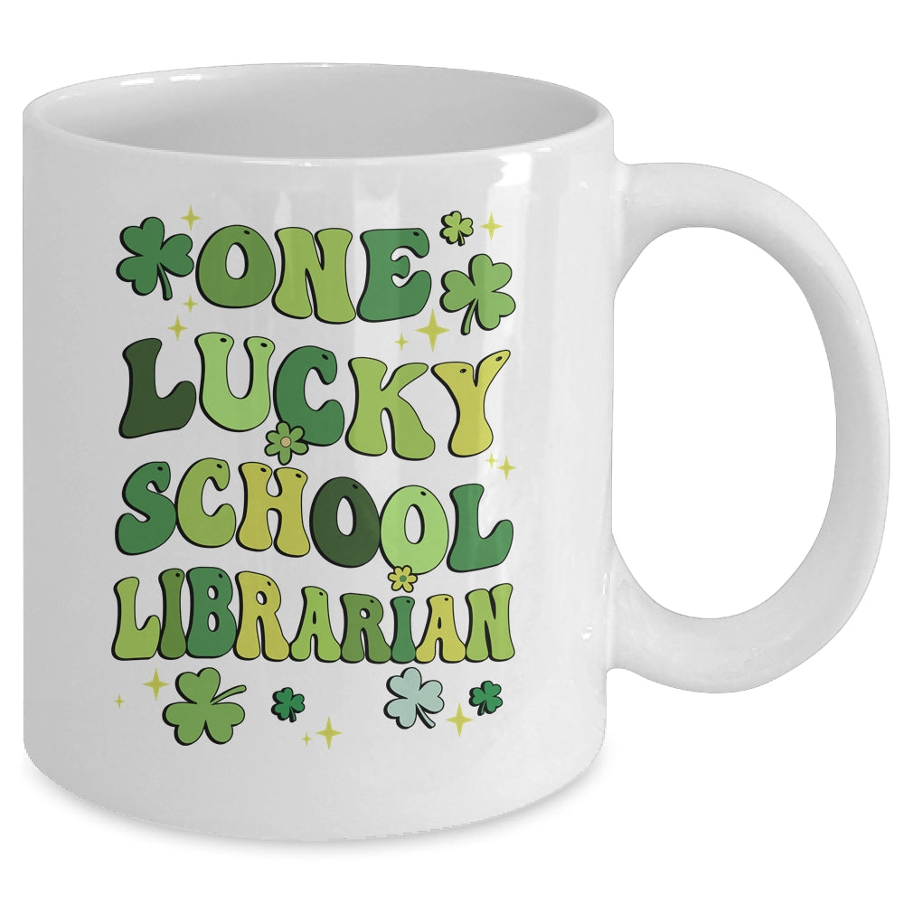 One Lucky School Librarian St Patricks Day Groovy Retro Shamrock Mug | siriusteestore