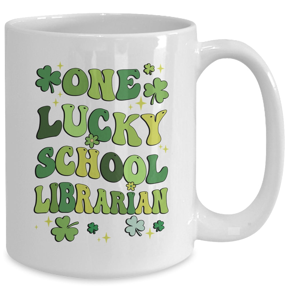 One Lucky School Librarian St Patricks Day Groovy Retro Shamrock Mug | siriusteestore
