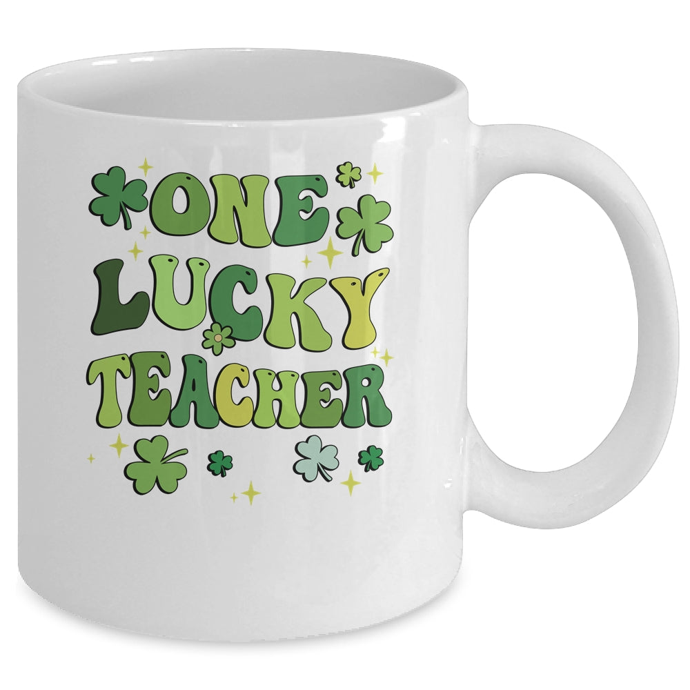 One Lucky Teacher St Patricks Day Groovy Retro Shamrock Mug | siriusteestore