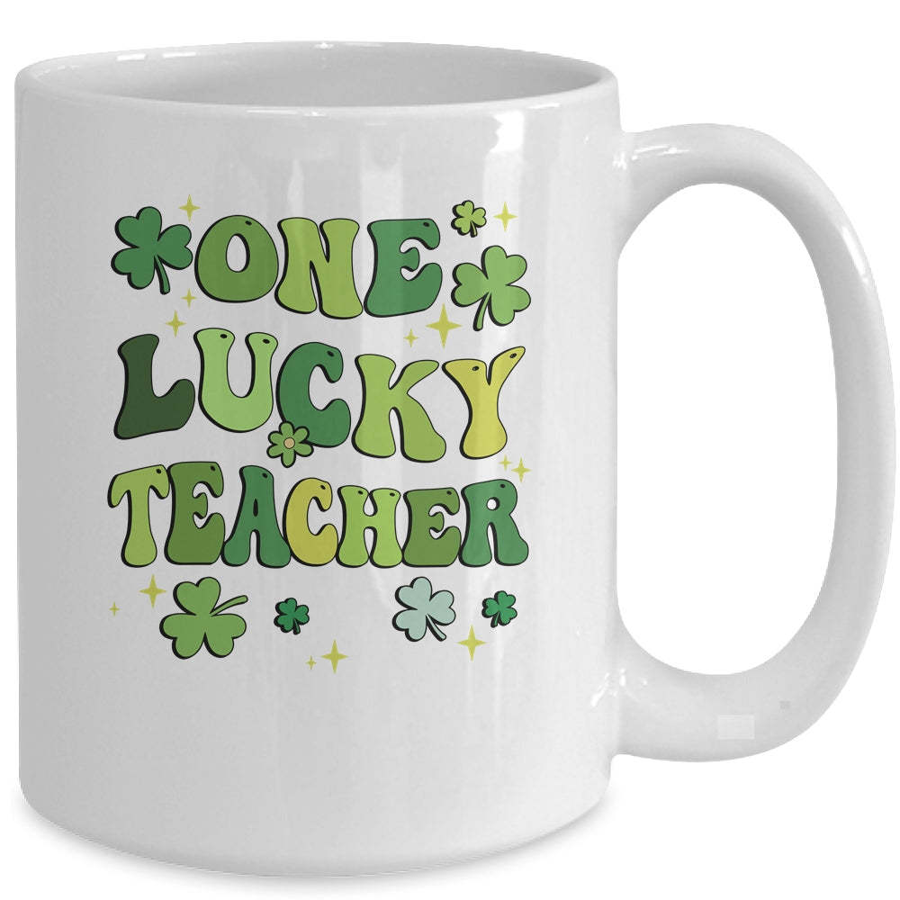 One Lucky Teacher St Patricks Day Groovy Retro Shamrock Mug | siriusteestore