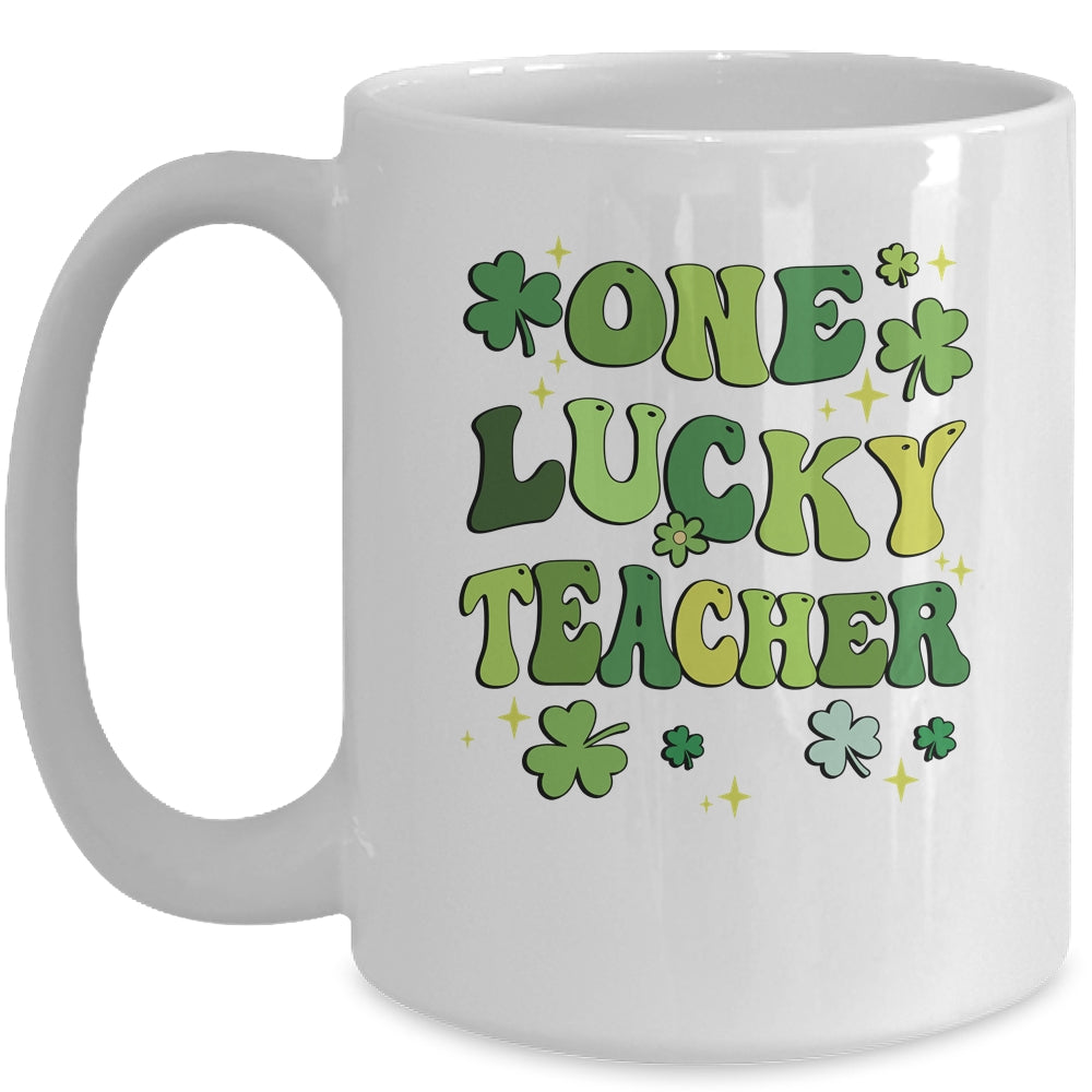 One Lucky Teacher St Patricks Day Groovy Retro Shamrock Mug | siriusteestore