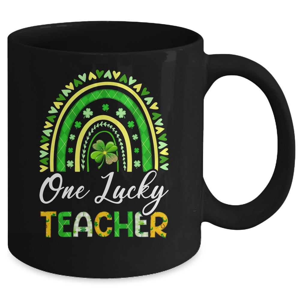 One Lucky Teacher St Patricks Day Rainbow Leopard Shamrock Mug | siriusteestore