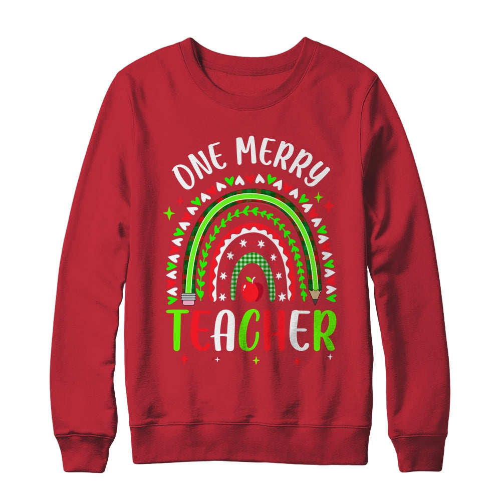 One Merry Teacher Christmas Rainbow Leopard Buffalo Plaid Shirt & Sweatshirt | siriusteestore