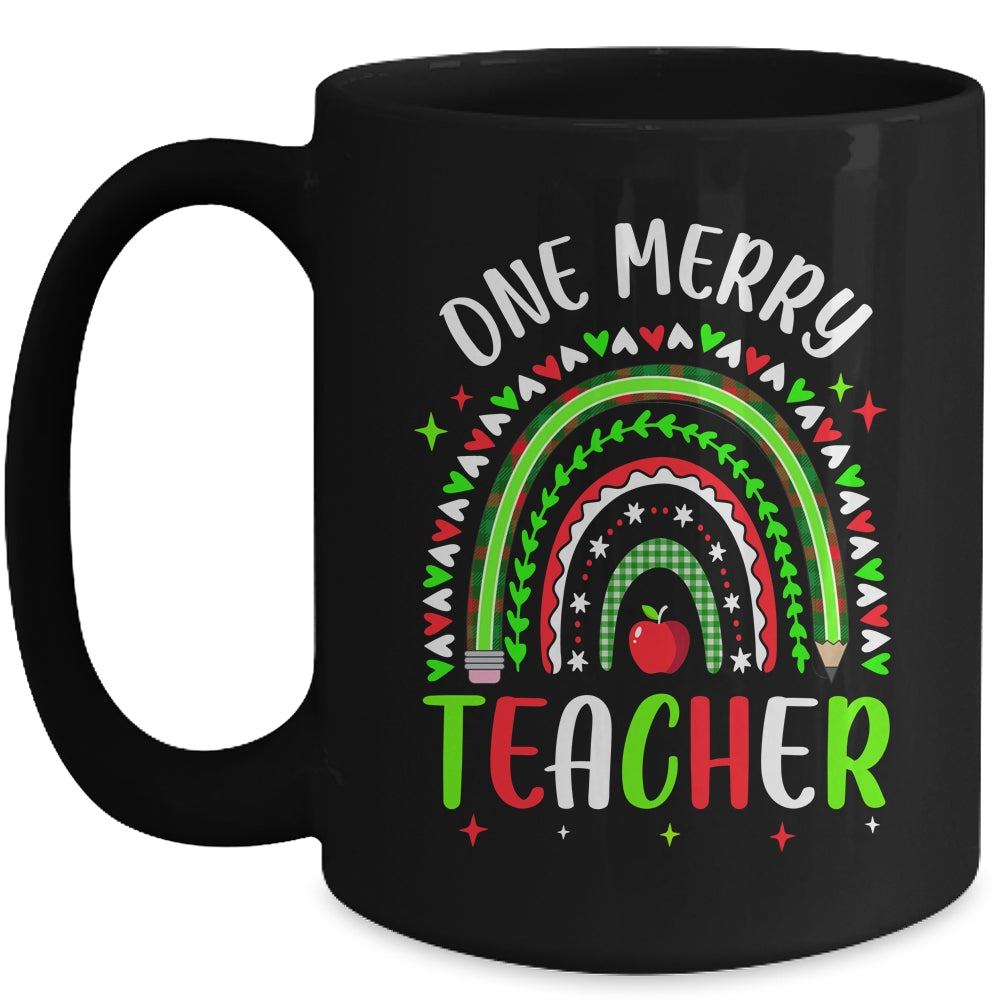 One Merry Teacher Christmas Rainbow Leopard Buffalo Plaid Mug | siriusteestore