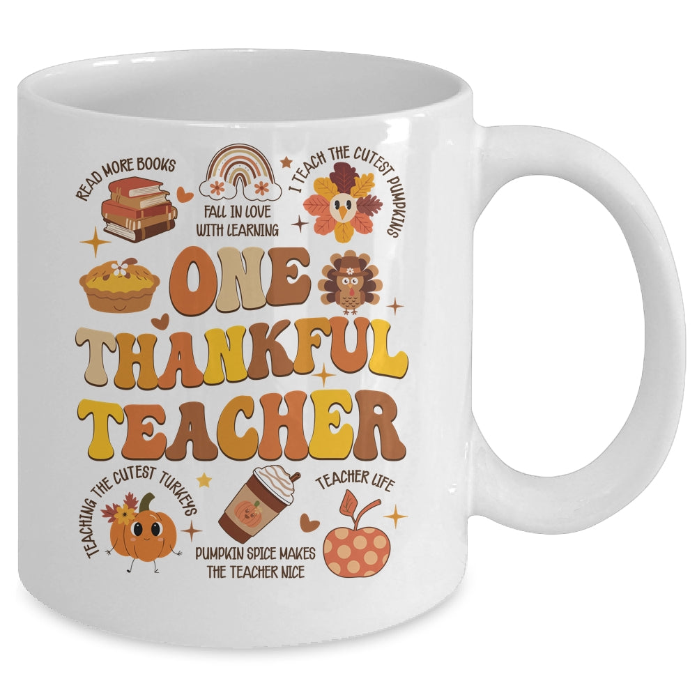 One Thankful Teacher Thanksgiving Retro Groovy Fall Teachers Mug | siriusteestore