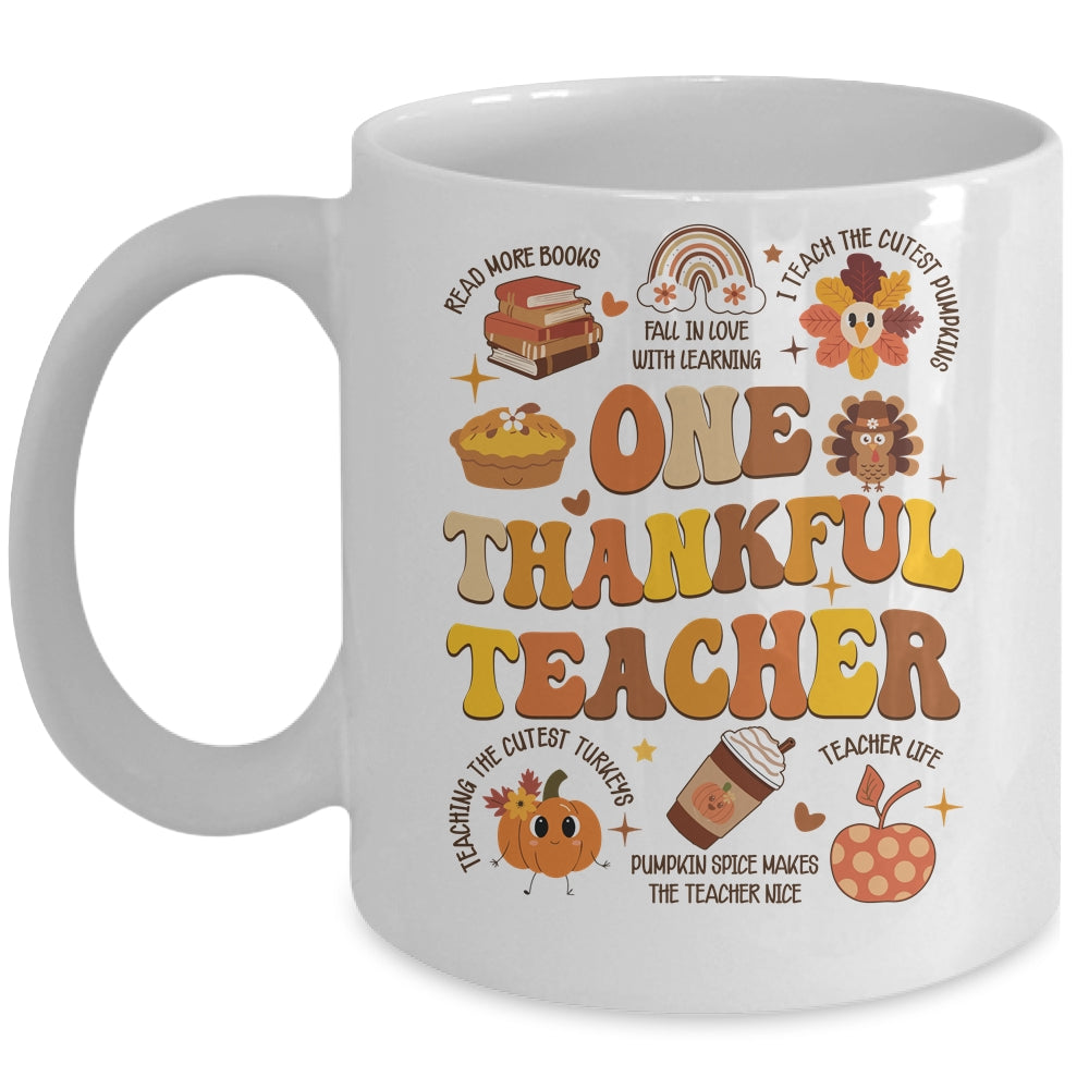 One Thankful Teacher Thanksgiving Retro Groovy Fall Teachers Mug | siriusteestore