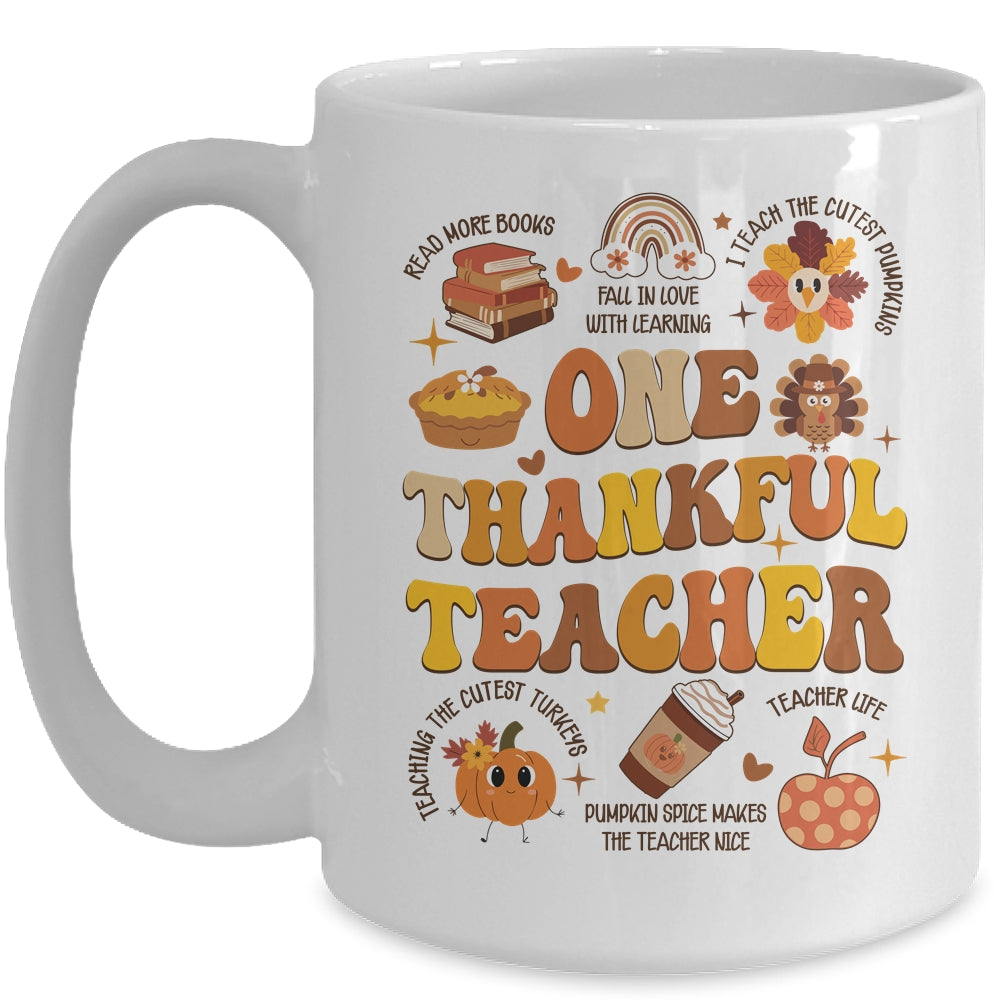 One Thankful Teacher Thanksgiving Retro Groovy Fall Teachers Mug | siriusteestore