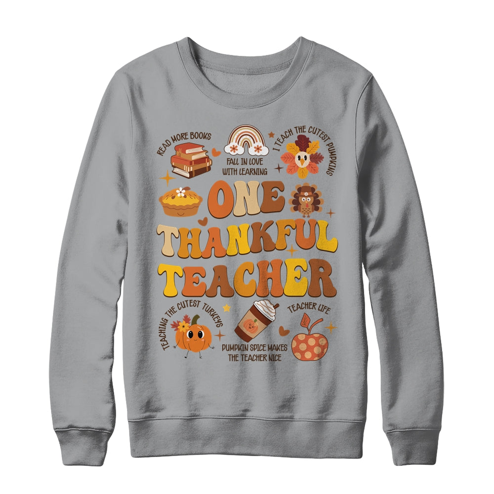 One Thankful Teacher Thanksgiving Retro Groovy Fall Teachers Shirt & Sweatshirt | siriusteestore