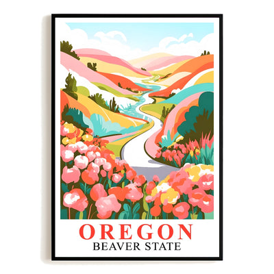 Oregon Print Travel Poster Floral Mountains River Beaver State Souvenir Wall Art Landscape Painting Ideal Gift For Home Living Room Office Bedroom Decor Unframed | siriusteestore
