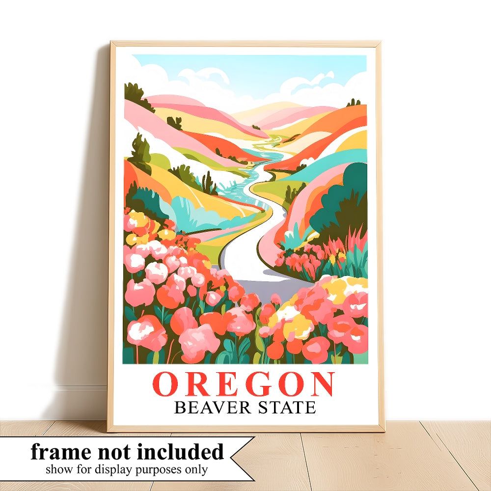 Oregon Print Travel Poster Floral Mountains River Beaver State Souvenir Wall Art Landscape Painting Ideal Gift For Home Living Room Office Bedroom Decor Unframed | siriusteestore