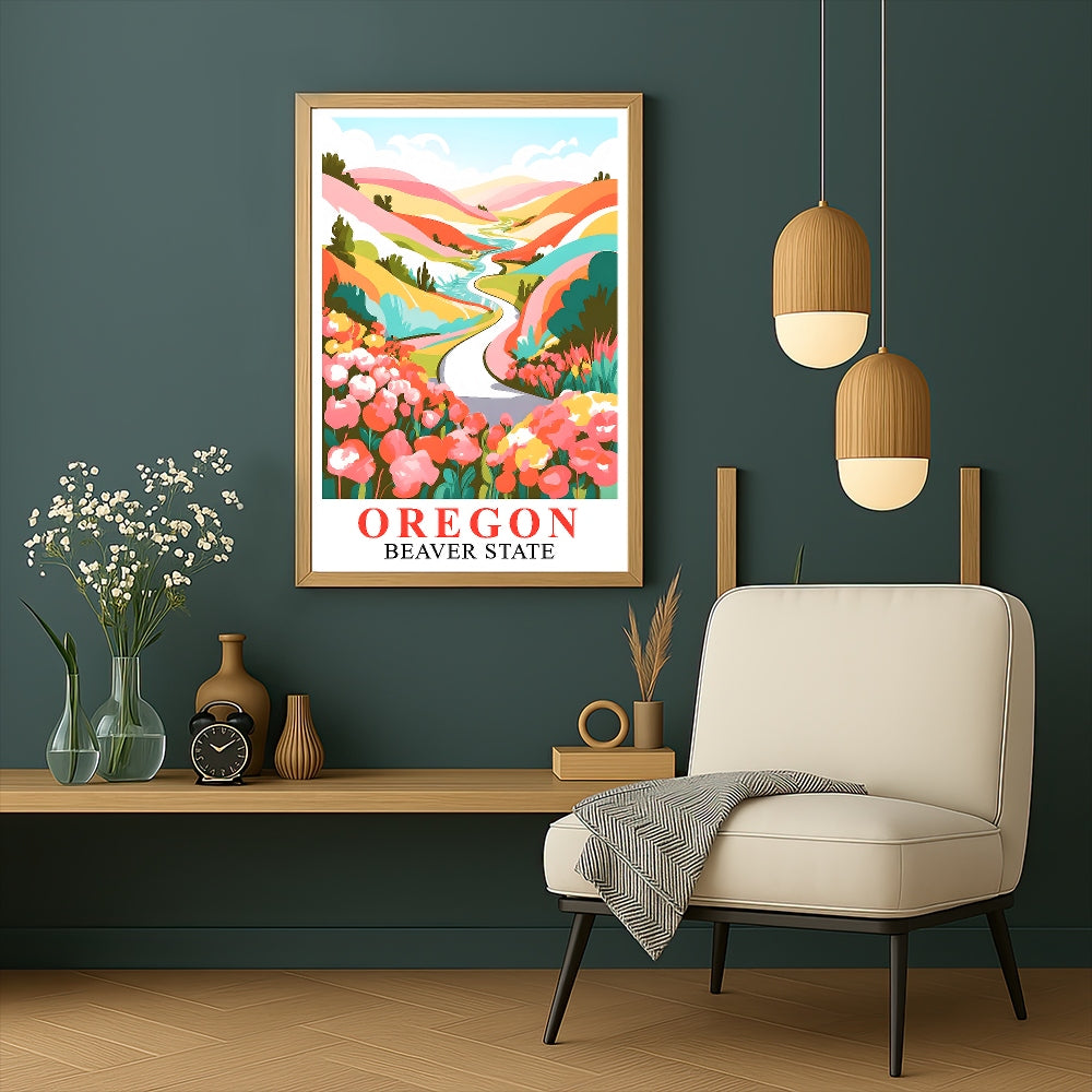Oregon Print Travel Poster Floral Mountains River Beaver State Souvenir Wall Art Landscape Painting Ideal Gift For Home Living Room Office Bedroom Decor Unframed | siriusteestore
