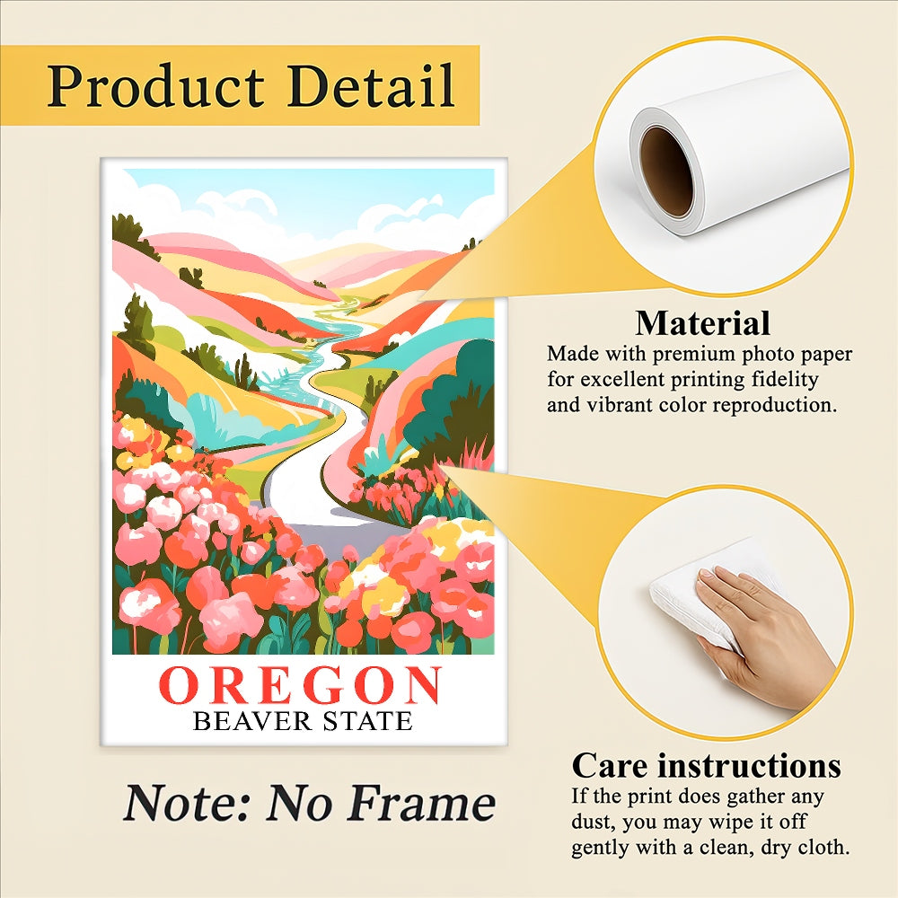 Oregon Print Travel Poster Floral Mountains River Beaver State Souvenir Wall Art Landscape Painting Ideal Gift For Home Living Room Office Bedroom Decor Unframed | siriusteestore