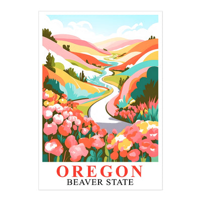 Oregon Print Travel Poster Floral Mountains River Beaver State Souvenir Wall Art Landscape Painting Ideal Gift For Home Living Room Office Bedroom Decor Unframed | siriusteestore