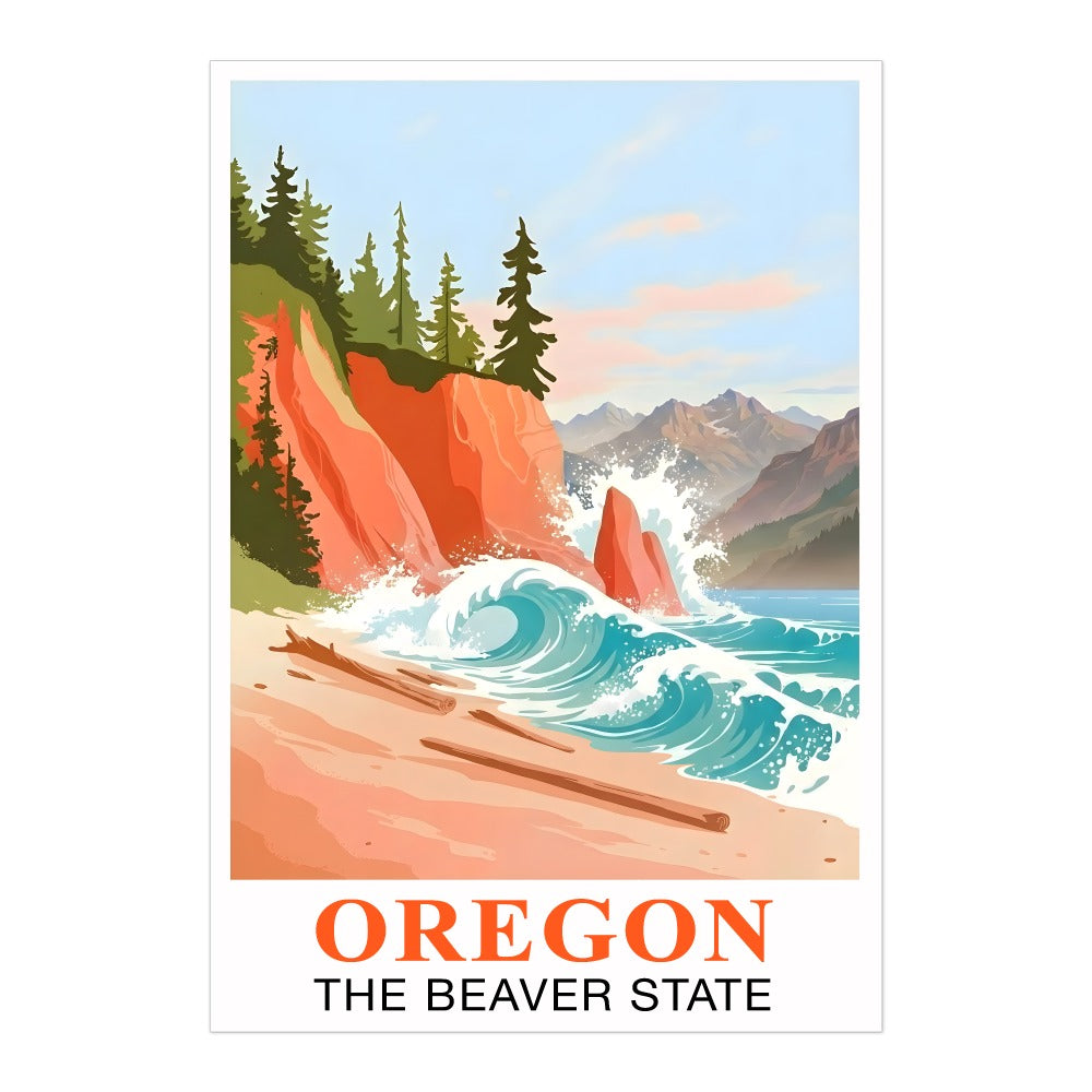 Oregon Travel Print Coastal Ocean Pink Orange Wall Art Retro Poster Beaver State Souvenir Beach Painting Picture Ideal For Home Office Living Room Bedroom Decor Unframed | siriusteestore