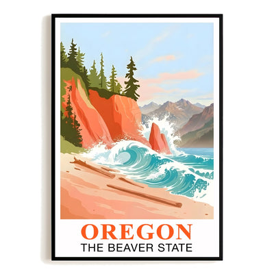 Oregon Travel Print Coastal Ocean Pink Orange Wall Art Retro Poster Beaver State Souvenir Beach Painting Picture Ideal For Home Office Living Room Bedroom Decor Unframed | siriusteestore