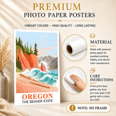 Oregon Travel Print Coastal Ocean Pink Orange Wall Art Retro Poster Beaver State Souvenir Beach Painting Picture Ideal For Home Office Living Room Bedroom Decor Unframed | siriusteestore