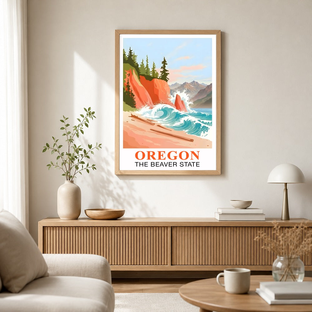 Oregon Travel Print Coastal Ocean Pink Orange Wall Art Retro Poster Beaver State Souvenir Beach Painting Picture Ideal For Home Office Living Room Bedroom Decor Unframed | siriusteestore