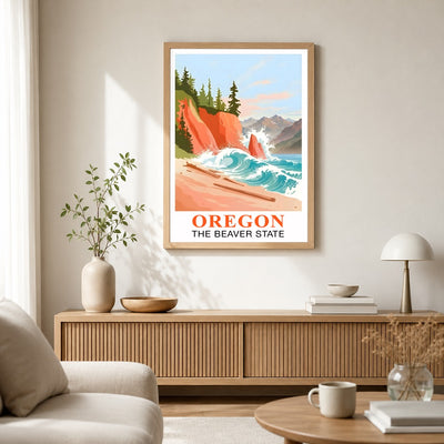 Oregon Travel Print Coastal Ocean Pink Orange Wall Art Retro Poster Beaver State Souvenir Beach Painting Picture Ideal For Home Office Living Room Bedroom Decor Unframed | siriusteestore