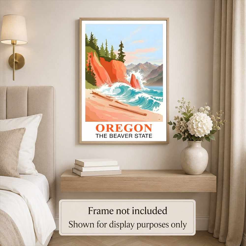 Oregon Travel Print Coastal Ocean Pink Orange Wall Art Retro Poster Beaver State Souvenir Beach Painting Picture Ideal For Home Office Living Room Bedroom Decor Unframed | siriusteestore