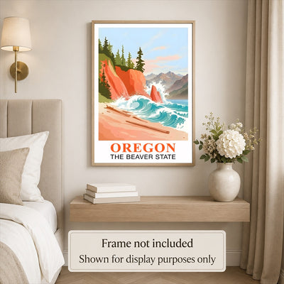 Oregon Travel Print Coastal Ocean Pink Orange Wall Art Retro Poster Beaver State Souvenir Beach Painting Picture Ideal For Home Office Living Room Bedroom Decor Unframed | siriusteestore