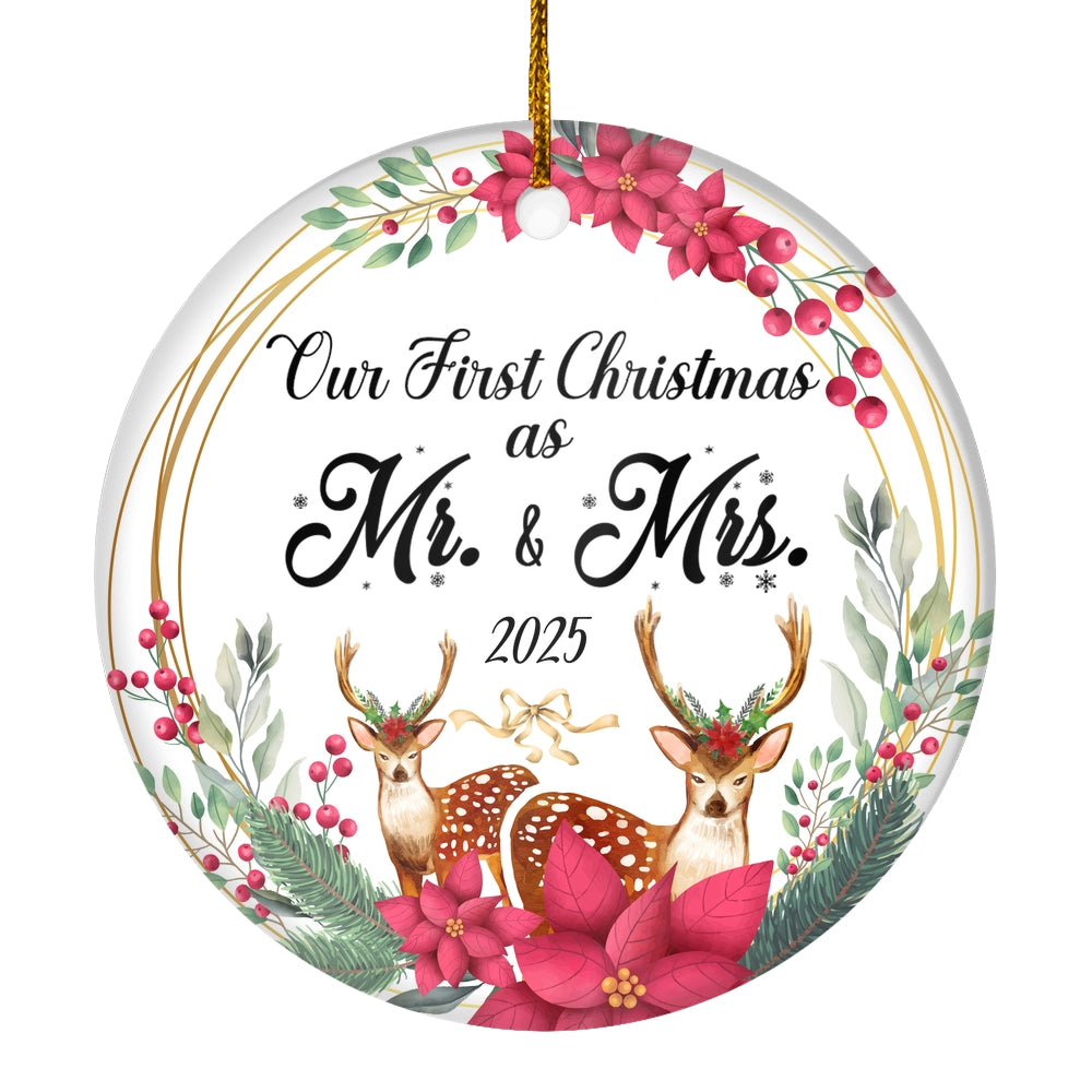 Our First Christmas As Mr And Mrs 2025 Deer Christmas For Wedding Newlywed Couple (15) Christmas Tree Ornament | siriusteestore