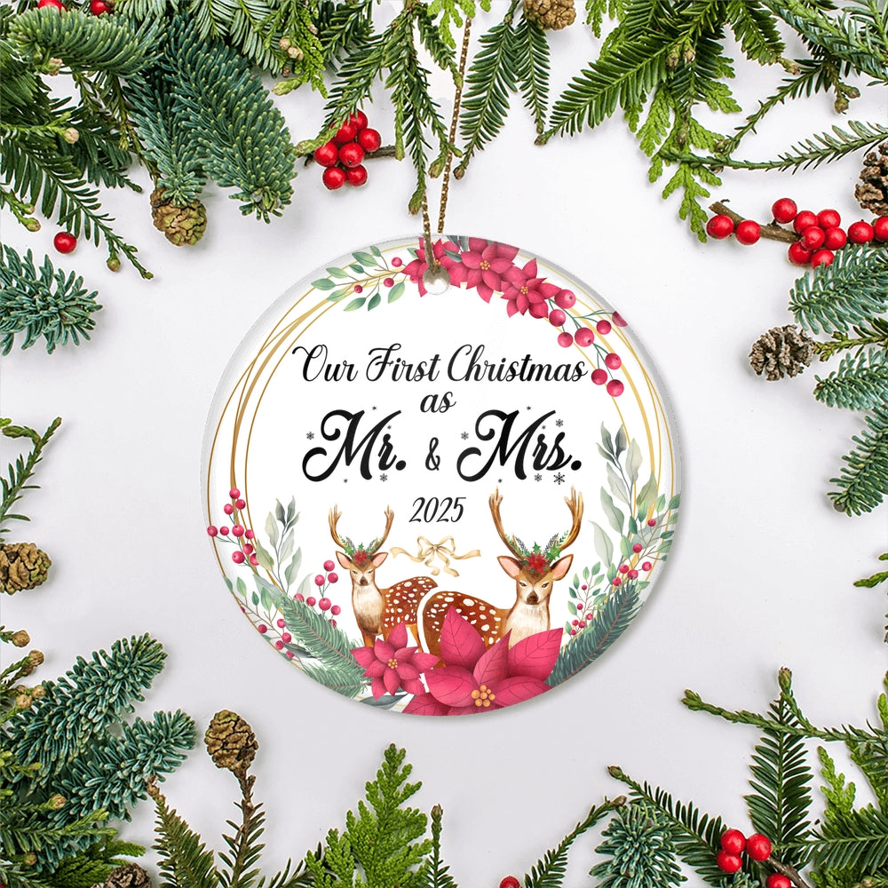 Our First Christmas As Mr And Mrs 2025 Deer Christmas For Wedding Newlywed Couple (15) Christmas Tree Ornament | siriusteestore