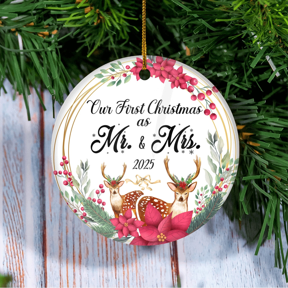 Our First Christmas As Mr And Mrs 2025 Deer Christmas For Wedding Newlywed Couple (15) Christmas Tree Ornament | siriusteestore