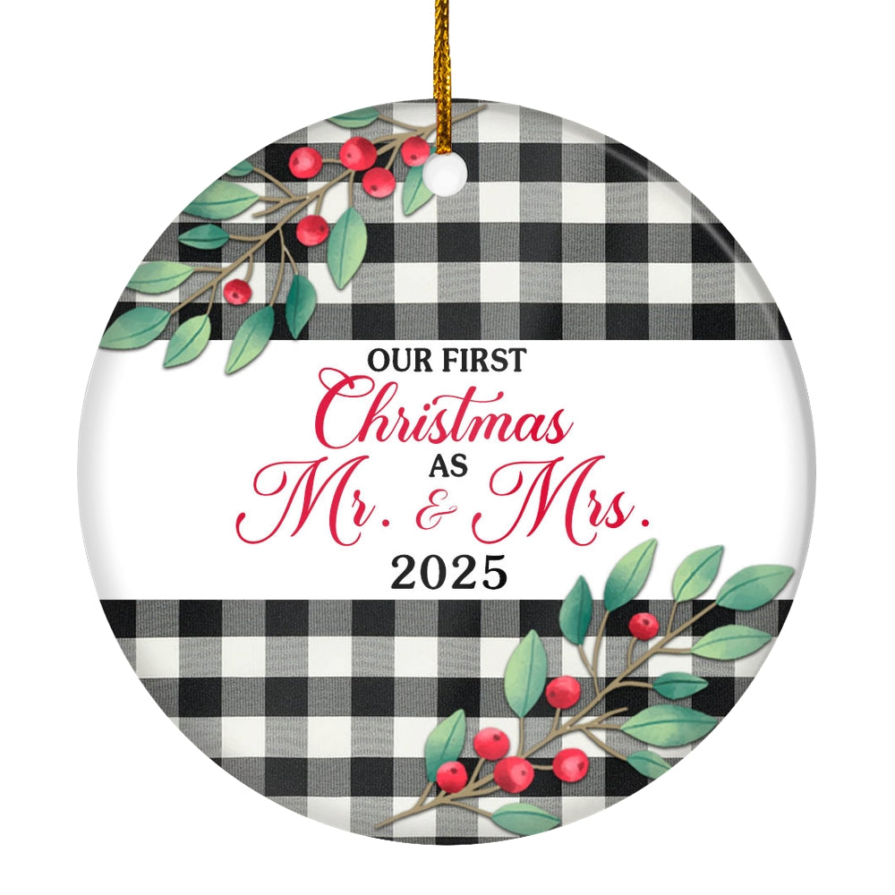 Our First Christmas As Mr And Mrs 2025 For Black White Buffalo Plaid Wedding Newlywed Couple (20) Christmas Tree Ornament | siriusteestore