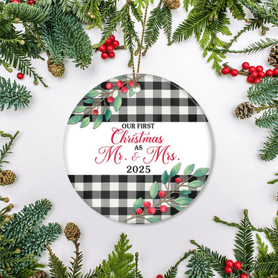 Our First Christmas As Mr And Mrs 2025 For Black White Buffalo Plaid Wedding Newlywed Couple (20) Christmas Tree Ornament | siriusteestore