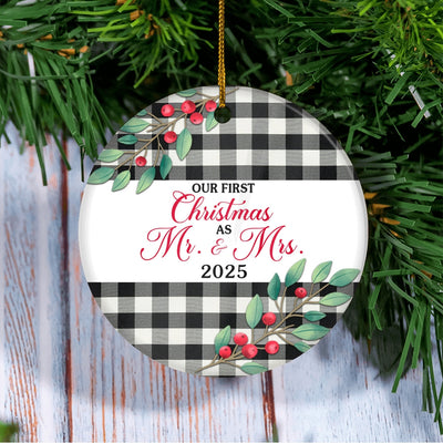 Our First Christmas As Mr And Mrs 2025 For Black White Buffalo Plaid Wedding Newlywed Couple (20) Christmas Tree Ornament | siriusteestore